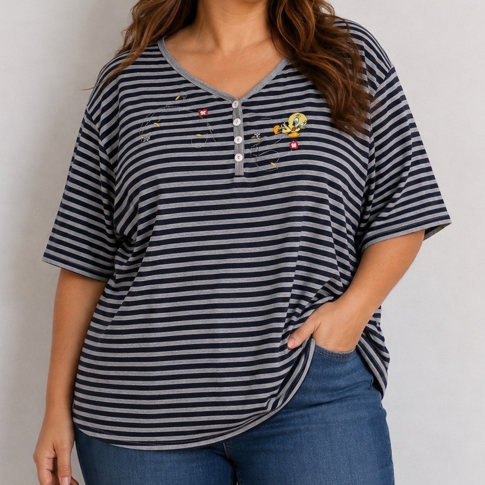Vintage Looney Tunes Tweety Shirt 22/24W Striped Embroidered Y2K Plus Size